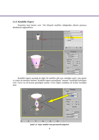 1.1.3. Koniklik (Taper)
     Nesnelere koni biçimi verir. Tek bileşenli modifier olduğundan etkisini gizmoyu
döndürerek sağlayabiliriz.




       Koniklik (taper) seçeneği de diğer iki modifier gibi aynı menüden açılır; yine gizmo
ve center alt menüleri bulunur. Koniklik (taper) seçeneğinde “amount” konikliğin kalınlığını
verir. Curve ise alt kısmın genişliğini ayarlar. Curve değeri azaldıkça alt kısmın inceliğini
artar.




                     Şekil 1.4: Taper modifer’ının parametrik değerleri

                                             9
 