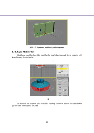 Şekil 1.5: Aynalama modifier uygulanmış nesne

1.1.5. Seçim Modifier’ları
      Modelleme modifier’ları diğer modifier’lar tarafından işlenmek üzere modelin belli
kısımların seçilmesini sağlar.

                                                      I




                                               II

       Bu modifier’lara ulaşmak için “selection” seçeneği kullanılır. Burada farklı seçenekler
yer alır. Her birinin etkisi farklıdır.




                                             11
 