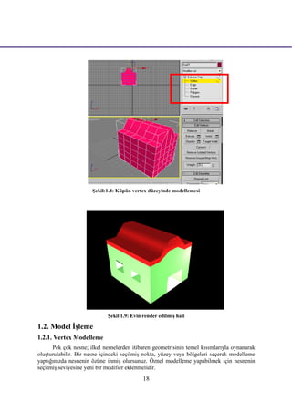 Şekil:1.8: Küpün vertex düzeyinde modellemesi




                             Şekil 1.9: Evin render edilmiş hali

1.2. Model İşleme
1.2.1. Vertex Modelleme
      Pek çok nesne; ilkel nesnelerden itibaren geometrisinin temel kısımlarıyla oynanarak
oluşturulabilir. Bir nesne içindeki seçilmiş nokta, yüzey veya bölgeleri seçerek modelleme
yaptığınızda nesnenin özüne inmiş olursunuz. Öznel modelleme yapabilmek için nesnenin
seçilmiş seviyesine yeni bir modifier eklenmelidir.
                                             18
 