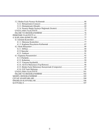 3.2. Birden Fazla Nesneyi Kullanmak ............................................................................... 66
      3.2.2. Birleştirmek (Connect) ........................................................................................ 68
      3.2.3. Dönüştürmek (Morph) ......................................................................................... 69
      3.2.4. Nesneyi Başka Nesneye Dağıtmak (Scatter) ....................................................... 72
   UYGULAMA FAALİYETİ .............................................................................................. 75
   ÖLÇME VE DEĞERLENDİRME .................................................................................... 76
ÖĞRENME FAALİYETİ–4 .................................................................................................. 77
4. KAPLAMA KOMUTLARI ............................................................................................... 77
   4.1.Görüntü Kontrolleri...................................................................................................... 77
      4.1.1. Malzeme Kontrolleri............................................................................................ 77
      4.1.3. Kaplama Dosyalarını Kullanmak ........................................................................ 87
   4.2. Renk Bileşenleri.......................................................................................................... 88
      4.2.1. Diffuse ................................................................................................................. 88
      4.2.2.Specular ................................................................................................................ 90
      4.2.3. Ambient ............................................................................................................... 91
   4.3. Kaplama Parametreleri................................................................................................ 92
      4.3.1.Parlaklık................................................................................................................ 93
      4.3.2. Kabartma ............................................................................................................. 94
      4.3.3. Yansıma Saydamlık ............................................................................................. 95
      4.3.4. Alt-Üst Malzemesi (Top/Bottom)........................................................................ 96
      4.3.5. Birden Fazla Malzemeyi Karıştırmak (Composite)............................................. 97
      4.3.6. Çift Yanlı Malzeme ............................................................................................. 99
   UYGULAMA FAALİYETİ ............................................................................................ 101
   ÖLÇME VE DEĞERLENDİRME .................................................................................. 102
MODÜL DEĞERLENDİRME ............................................................................................ 103
CEVAP ANAHTARLARI ................................................................................................... 104
ÖNERİLEN KAYNAKLAR................................................................................................ 106
KAYNAKÇA ....................................................................................................................... 107




                                                                   ii
 