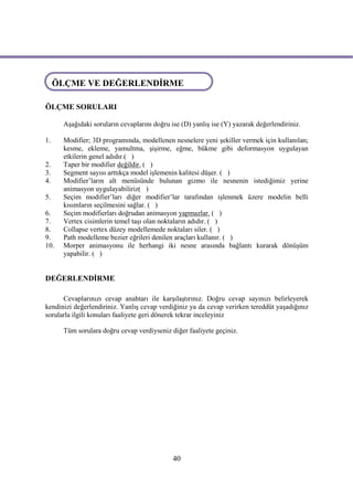 ÖLÇME VE DEĞERLENDİRME
ÖLÇME VE DEĞERLENDİRME
ÖLÇME SORULARI

      Aşağıdaki soruların cevaplarını doğru ise (D) yanlış ise (Y) yazarak değerlendiriniz.

1.    Modifier; 3D programında, modellenen nesnelere yeni şekiller vermek için kullanılan;
      kesme, ekleme, yamultma, şişirme, eğme, bükme gibi deformasyon uygulayan
      etkilerin genel adıdır.( )
2.    Taper bir modifier değildir. ( )
3.    Segment sayısı arttıkça model işlemenin kalitesi düşer. ( )
4.    Modifier’ların alt menüsünde bulunan gizmo ile nesnenin istediğimiz yerine
      animasyon uygulayabiliriz( )
5.    Seçim modifier’ları diğer modifier’lar tarafından işlenmek üzere modelin belli
      kısımların seçilmesini sağlar. ( )
6.    Seçim modifierları doğrudan animasyon yapmazlar. ( )
7.    Vertex cisimlerin temel taşı olan noktaların adıdır. ( )
8.    Collapse vertex düzey modellemede noktaları siler. ( )
9.    Path modelleme bezier eğrileri denilen araçları kullanır. ( )
10.   Morper animasyonu ile herhangi iki nesne arasında bağlantı kurarak dönüşüm
      yapabilir. ( )


DEĞERLENDİRME

      Cevaplarınızı cevap anahtarı ile karşılaştırınız. Doğru cevap sayınızı belirleyerek
kendinizi değerlendiriniz. Yanlış cevap verdiğiniz ya da cevap verirken tereddüt yaşadığınız
sorularla ilgili konuları faaliyete geri dönerek tekrar inceleyiniz

      Tüm sorulara doğru cevap verdiyseniz diğer faaliyete geçiniz.




                                             40
 
