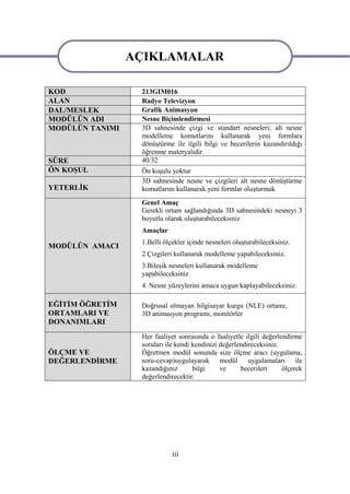 AÇIKLAMALAR
                 AÇIKLAMALAR
KOD               213GIM016
ALAN              Radyo Televizyon
DAL/MESLEK        Grafik Animasyon
MODÜLÜN ADI       Nesne Biçimlendirmesi
MODÜLÜN TANIMI    3D sahnesinde çizgi ve standart nesneleri; alt nesne
                  modelleme komutlarını kullanarak yeni formlara
                  dönüştürme ile ilgili bilgi ve becerilerin kazandırıldığı
                  öğrenme materyalidir.
SÜRE              40/32
ÖN KOŞUL          Ön koşulu yoktur
                  3D sahnesinde nesne ve çizgileri alt nesne dönüştürme
YETERLİK          komutlarını kullanarak yeni formlar oluşturmak
                  Genel Amaç
                  Gerekli ortam sağlandığında 3D sahnesindeki nesneyi 3
                  boyutlu olarak oluşturabileceksiniz
                  Amaçlar
                  1.Belli ölçekler içinde nesneleri oluşturabileceksiniz.
MODÜLÜN AMACI
                  2.Çizgileri kullanarak modelleme yapabileceksiniz.
                  3.Bileşik nesneleri kullanarak modelleme
                  yapabileceksiniz
                  4. Nesne yüzeylerini amaca uygun kaplayabileceksiniz.

EĞİTİM ÖĞRETİM    Doğrusal olmayan bilgisayar kurgu (NLE) ortamı,
ORTAMLARI VE      3D animasyon programı, monitörler
DONANIMLARI
                  Her faaliyet sonrasında o faaliyetle ilgili değerlendirme
                  soruları ile kendi kendinizi değerlendireceksiniz.
ÖLÇME VE          Öğretmen modül sonunda size ölçme aracı (uygulama,
DEĞERLENDİRME     soru-cevap)uygulayarak modül uygulamaları ile
                  kazandığınız       bilgi     ve     becerileri     ölçerek
                  değerlendirecektir.




                             iii
 