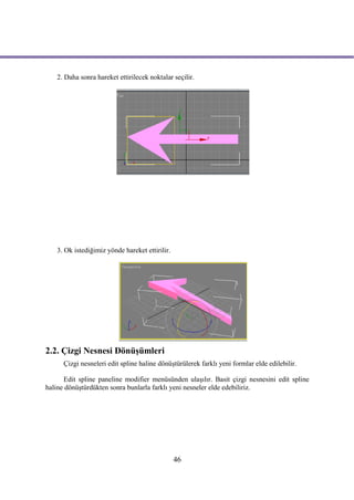 2. Daha sonra hareket ettirilecek noktalar seçilir.




   3. Ok istediğimiz yönde hareket ettirilir.




2.2. Çizgi Nesnesi Dönüşümleri
      Çizgi nesneleri edit spline haline dönüştürülerek farklı yeni formlar elde edilebilir.

      Edit spline paneline modifier menüsünden ulaşılır. Basit çizgi nesnesini edit spline
haline dönüştürdükten sonra bunlarla farklı yeni nesneler elde edebiliriz.




                                                46
 