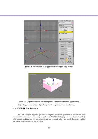 Şekil 2. 5: Birleştirilen iki çizgiyle oluşturulan yeni çizgi nesnesi




       Şekil 2.6: Çizgi nesnesinden oluşturduğumuz yeni nesne (ekstrude uygulanmış)
     Diğer shape nesneleri ile çalışmalar yaparak oluşan nesneleri inceleyiniz.
2.3. NURBS Modelleme

      NURBS düzgün organik şekiller ve organik modeller yaratmakta kullanılan, ileri
matematik üzerine kurulu bir araçlar grubudur. NURBS kille yapılan modellemede olduğu
gibi kontrol noktalarını ve noktaları iterek ve çekerek yüzeyleri modellememizi sağlar.
Karmaşık modellemelerde tercih edilir.


                                              49
 