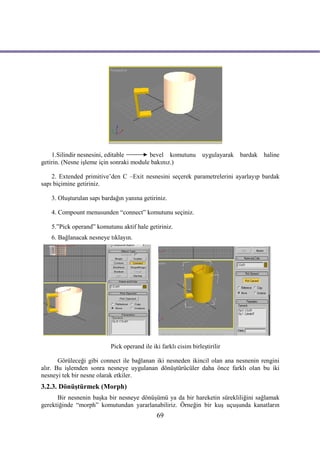 1.Silindir nesnesini, editable        bevel komutunu         uygulayarak bardak haline
getirin. (Nesne işleme için sonraki module bakınız.)

    2. Extended primitive’den C –Exit nesnesini seçerek parametrelerini ayarlayıp bardak
sapı biçimine getiriniz.

   3. Oluşturulan sapı bardağın yanına getiriniz.

   4. Compount menusunden “connect” komutunu seçiniz.

   5.”Pick operand” komutunu aktif hale getiriniz.
   6. Bağlanacak nesneye tıklayın.




                          Pick operand ile iki farklı cisim birleştirilir

       Görüleceği gibi connect ile bağlanan iki nesneden ikincil olan ana nesnenin rengini
alır. Bu işlemden sonra nesneye uygulanan dönüştürücüler daha önce farklı olan bu iki
nesneyi tek bir nesne olarak etkiler.
3.2.3. Dönüştürmek (Morph)
      Bir nesnenin başka bir nesneye dönüşümü ya da bir hareketin sürekliliğini sağlamak
gerektiğinde “morph” komutundan yararlanabiliriz. Örneğin bir kuş uçuşunda kanatların
                                             69
 