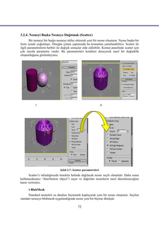 3.2.4. Nesneyi Başka Nesneye Dağıtmak (Scatter)
        Bir nesneyi bir başka nesneye nüfuz ettirerek yeni bir nesne oluşturur. Nesne başka bir
form içinde yoğunlaşır. Örneğin çimen yapımında bu komuttan yararlanabiliriz. Scatter ile
ilgili parametrelerin herbiri ile değişik sonuçlar elde edilebilir. Komut panelinde scatter için
çok sayıda parametre vardır. Bu parametreleri kendiniz deneyerek nasıl bir değişiklik
oluşturduğunu gözlemleyiniz.




            I                                                      II




                                Şekil 2.7: Scatter parametreleri
       Scatter’e tıkladığınızda örnekler halinde dağılacak nesne seçili olmalıdır. Daha sonra
kullanacaksanız “distribution object”i seçer ve dağıtılan nesnelerin nasıl düzenleneceğine
karar verirsiniz.

      BlobMesh
      Standard nesneleri su damlası biçiminde kaplayarak yeni bir nesne oluşturur. Seçilen
standart nesneye blobmesh uygulandığında nesne yeni bir biçime dönüşür.

                                              72
 
