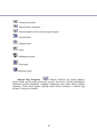 Animasyon önizleme

       Material Editor seçenekleri

       Malzeme/kaplama izletici (material map navigator)

       Atama kontrolü


       Kaplama atama


       Silme


       Kütüphaneye ekleme



       Efekt kanalı


      Kaplamayı göster



      Material Map Navigatoru             : Material Editor’de sağ taraftaki düğmeye
basarak küçük material arama penceresini açıyoruz. Bu pencere üzerinde kullandığımız
kaplamaları görmek mümkündür. Aşağıdaki örneğimizde cisme sadece diffuse kaplama
yapılmıştır. Cisme birçok kaplama yapıldığı zaman kontrol zorlaşacak ve material map
navigator’e ihtiyacımız olacaktır.




                                         79
 