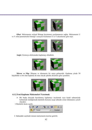 Ofset: Malzemenin orijinal Bitmap boyutunun ayarlanmasını sağlar. Malzemenin U
ve V ofset parametreleri bitmap’i sırasıyla Gizmonun X ve Y eksenlerine göre taşır.




     Angle: Gizmoyu etkilemeden kaplamayı döndürür.




      Mirror ve Flip: Döşeme ve dönmenin bir araya gelmesidir. Kaplama yüzde 50
küçültülür ve bir olan kaplama iki tane olacak şekilde eksenlere göre aynalanır.




4.1.2.Yeni Kaplama Malzemeleri Yaratmak
      Bir başka dosyada hazırlanmış kaplamayı incelemek veya kendi sahnemizde
        kullanmak istediğimizde damlalık ikonunu seçip sahnede cisme tıklamamız yeterli
        olacaktır.
   1.Damlalık ikonu seçilir.




  2. Sahnedeki seçilmek istenen malzemenin üzerine getirilir.
                                           82
 
