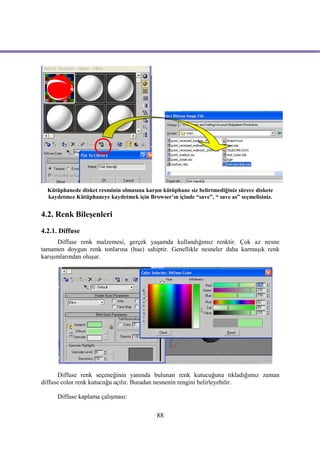 Kütüphanede disket resminin olmasına karşın kütüphane siz belirtmediğiniz sürece diskete
  kaydetmez Kütüphaneye kaydetmek için Browser’ın içinde “save”, “ save as” seçmelisiniz.


4.2. Renk Bileşenleri
4.2.1. Diffuse
      Diffuse renk malzemesi, gerçek yaşamda kullandığımız renktir. Çok az nesne
tamamen doygun renk tonlarına (hue) sahiptir. Genellikle nesneler daha karmaşık renk
karışımlarından oluşur.




       Diffuse renk seçeneğinin yanında bulunan renk kutucuğuna tıkladığımız zaman
diffuse color renk kutucuğu açılır. Buradan nesnenin rengini belirleyebilir.

     Diffuse kaplama çalışması:

                                            88
 