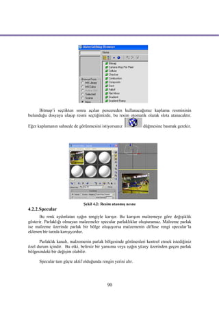 Bitmap’i seçtikten sonra açılan pencereden kullanacağımız kaplama resmininin
bulunduğu dosyaya ulaşıp resmi seçtiğimizde, bu resim otomatik olarak slota atanacaktır.

Eğer kaplamanın sahnede de görünmesini istiyorsanız             düğmesine basmak gerekir.




                               Şekil 4.2: Resim atanmış nesne
4.2.2.Specular
      Bu renk aydınlatan ışığın rengiyle karışır. Bu karışım malzemeye göre değişiklik
gösterir. Parlaklığı olmayan malzemeler specular parlaklıklar oluşturamaz. Malzeme parlak
ise malzeme üzerinde parlak bir bölge oluşuyorsa malzemenin diffuse rengi specular’la
eklenen bir tarzda karışıyordur.

      Parlaklık kanalı, malzemenin parlak bölgesinde görünenleri kontrol etmek istediğiniz
özel durum içindir. Bu etki, belirsiz bir yansıma veya ışığın yüzey üzerinden geçen parlak
bölgesindeki bir değişim olabilir.

      Specular tam güçte aktif olduğunda rengin yerini alır.




                                             90
 