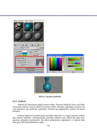 Şekil 4.3: Specular görüntüsü

4.2.3. Ambient
      Ambient bir malzemenin gölgeli kısmını anlatır. Nesnenin küçük bir kısmı ışık aldığı
zamanlarda ambient yüzeyin büyük bir kısmını etkiler. Nesneler çoğunlukla yansıyan ışık
veya gölgelenen ışık tarafından aydınlatılır. Nesneler tam gölgedeyken ambient tek başına
kullanılır.

       Ambient değerinin koyulaştırılması genellikle daha derin ve zengin malzeme renkleri
elde etmekte faydalıdır. Animasyonlarda genellikle ambient renk, diffuse’dan daha koyu
yapılarak, gölgeleme derinleştirilir. Bu teknik, gölgelemeyi yoğunlaştırır ve sahnede daha
fazla genel ışık kullanılabilmesini sağlar.
                                           91
 