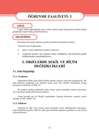 ÖĞRENME FAALİYETİ- 3

     AMAÇ
                   ÖĞRENME FAALİYETİ- 3
       Uygun ortam sağlandığında; karar verilen makete uygun bilgisayarda istenilen sürede
geliştirerek orijinal haline getirebileceksiniz.

   ARAŞTIRMA

      Bu faaliyet öncesinde yapmanız gereken öncelikli araştırmalar şunlardır:
      Vektörel Çizim Programında,
           Şekil ve biçim değiştirme araçlarını araştırınız.

           Araştırma işlemleri için internet ortamı, kütüphane, üniversitelerin grafik
            bölümlerinden yararlanabilirsiniz.

           3. OBJELERDE ŞEKİL VE BİÇİM
                  DEĞİŞİKLİKLERİ
3.1. Şekil Değişikliği
3.1.1. Gruplama
      Oluşturulan birden fazla şeklin birlikte hareket etmesini istiyorsak gruplandırılır. Bir
şekil kümesini gruplamak için şekillerin hepsi seçili iken Modify menüsünden Group
komutunu vermelisiniz (CTRL+G).

     Bir grubun içindeki şekillerden sadece birini, grubu bozmadan seçmek istiyorsanız
ALT tuşu basılı olarak şeklin üzerine tıklayın.

      Grubu bozmak için ise Modify menüsünden Ungroup komutunu vermeniz yeterli
olacaktır (CTRL+SHIFT+G).

3.1.2. Kilitleme

      Herhangi bir obje veya çizimin sayfa üzerindeki yerini sabitleştirmek istiyorsanız,
seçip kilitlemeniz gerekir. Sabit bir şekle göre hizalama yapmanız gerekiyor ise çok işinize
yarayacak komut.




                                              32
 