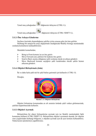 Temel araç çubuğundan           düğmesini tıklayınız (CTRL+L).



      Temel araç çubuğundan            düğmesini tıklayınız (CTRL+SHIFT+L).

3.1.3. Öne Arkaya Gönderme
       Sayfanız üzerinde oluşturduğunuz şekiller çizim sırasına göre üst üste gelirler.
       Herhangi bir amaçla bu sırayı değiştirmek istediğinizde Modify-Arrange menüsündeki
sıralama komutlarını kullanabilirsiniz.

      Menüdeki komutlardan;

           Bring to Front komutu ise en öne getirir.
           Move Forward yine şeklinizi bir kademe öne getirir.
           Send to Back seçmiş olduğunuz şekli sıralama olarak en arkaya gönderir.
           Move Backward komutu seçtiğiniz şekli kendisinden önceki şeklin hemen
            arkasına gönderir .

3.1.4. Objeleri Birleştirmek (Join)

      İki ve daha fazla şekli tek bir şekil haline getirmek için kullanılır ( CTRL+J).

      Örneğin;




                               Resim 3. 1: Objeleri birleştirme

       Objeleri birleştirme komutundan en alt zeminin üstünde şekil varken görünmesinde,
şekilleri kapatılmasında kullanılır.

3.1.5. Objeleri Ayırmak

       Birleştirilmiş bir objeyi birleşenlerine ayırmak için ise Modify menüsündeki Split
komutunu kullanın (CTRL+SHIFT+J). Birleştirilmiş objeleri ayırmanın dışında, bir objenin
sınır çizgilerinden herhangi bölgesini, o objeden ayırmak için de aynı komutu kullanabiliriz.
Nokta kesim işlemlerinizi yapabilirsiniz.

                                              33
 