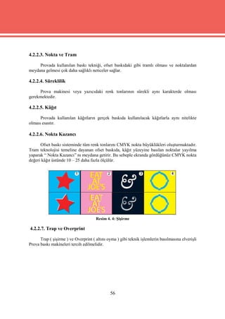 4.2.2.3. Nokta ve Tram

     Provada kullanılan baskı tekniği, ofset baskıdaki gibi tramlı olması ve noktalardan
meydana gelmesi çok daha sağlıklı neticeler sağlar.

4.2.2.4. Süreklilik

     Prova makinesi veya yazıcıdaki renk tonlarının sürekli aynı karakterde olması
gerekmektedir.

4.2.2.5. Kâğıt

      Provada kullanılan kâğıtların gerçek baskıda kullanılacak kâğıtlarla aynı nitelikte
olması esastır.

4.2.2.6. Nokta Kazancı

      Ofset baskı sisteminde tüm renk tonlarını CMYK nokta büyüklükleri oluşturmaktadır.
Tram teknolojisi temeline dayanan ofset baskıda, kâğıt yüzeyine basılan noktalar yayılma
yaparak “ Nokta Kazancı” nı meydana getirir. Bu sebeple ekranda gördüğünüz CMYK nokta
değeri kâğıt üstünde 10 – 25 daha fazla ölçülür.




                                      Resim 4. 4: Şişirme

4.2.2.7. Trap ve Overprint

      Trap ( şişirme ) ve Overprint ( altını oyma ) gibi teknik işlemlerin basılmasına elverişli
Prova baskı makineleri tercih edilmelidir.




                                              56
 