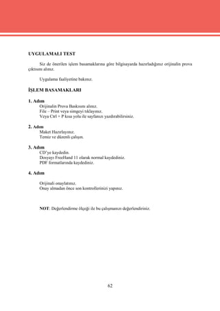 UYGULAMALI TEST

       Siz de önerilen işlem basamaklarına göre bilgisayarda hazırladığınız orijinalin prova
çıktısını alınız.

      Uygulama faaliyetine bakınız.

İŞLEM BASAMAKLARI

1. Adım
      Orijinalin Prova Baskısını alınız.
      File – Print veya simgeyi tıklayınız.
      Veya Ctrl + P kısa yolu ile sayfanızı yazdırabilirsiniz.

2. Adım
      Maket Hazırlayınız.
      Temiz ve düzenli çalışın.

3. Adım
      CD’ye kaydedin.
      Dosyayı FreeHand 11 olarak normal kaydediniz.
      PDF formatlarında kaydediniz.

4. Adım

      Orijinali onaylatınız.
      Onay almadan önce son kontrollerinizi yapınız.



      NOT: Değerlendirme ölçeği ile bu çalışmanızı değerlendiriniz.




                                              62
 