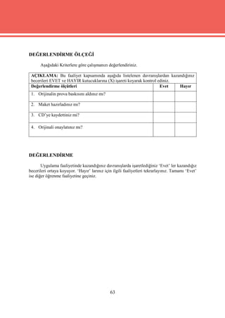 DEĞERLENDİRME ÖLÇEĞİ

      Aşağıdaki Kriterlere göre çalışmanızı değerlendiriniz.

 AÇIKLAMA: Bu faaliyet kapsamında aşağıda listelenen davranışlardan kazandığınız
 becerileri EVET ve HAYIR kutucuklarına (X) işareti koyarak kontrol ediniz.
 Değerlendirme ölçütleri                                             Evet   Hayır
 1. Orijinalin prova baskısını aldınız mı?

 2. Maket hazırladınız mı?

 3. CD’ye kaydettiniz mi?

 4. Orijinali onaylatınız mı?




DEĞERLENDİRME

       Uygulama faaliyetinde kazandığınız davranışlarda işaretlediğiniz ‘Evet’ ler kazandığız
becerileri ortaya koyuyor. ‘Hayır’ larınız için ilgili faaliyetleri tekrarlayınız. Tamamı ‘Evet’
ise diğer öğrenme faaliyetine geçiniz.




                                              63
 