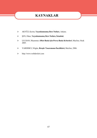 KAYNAKLAR
                     KAYNAKLAR

   AKYÜZ, Kerim, Yayınlanmamış Ders Notları, Ankara.

   ŞEN, Okan, Yayınlanmamış Ders Notları, İstanbul.

   ULUSAN, Muammer, Ofset Baskı için Prova Baskı Kriterleri, Macline, Ocak
    2005.

   YARDIMCI, Nilgün, Broşür Tasarımının İncelikleri, Macline, 2006.

   http://www.webdersleri.com




                                 67
 