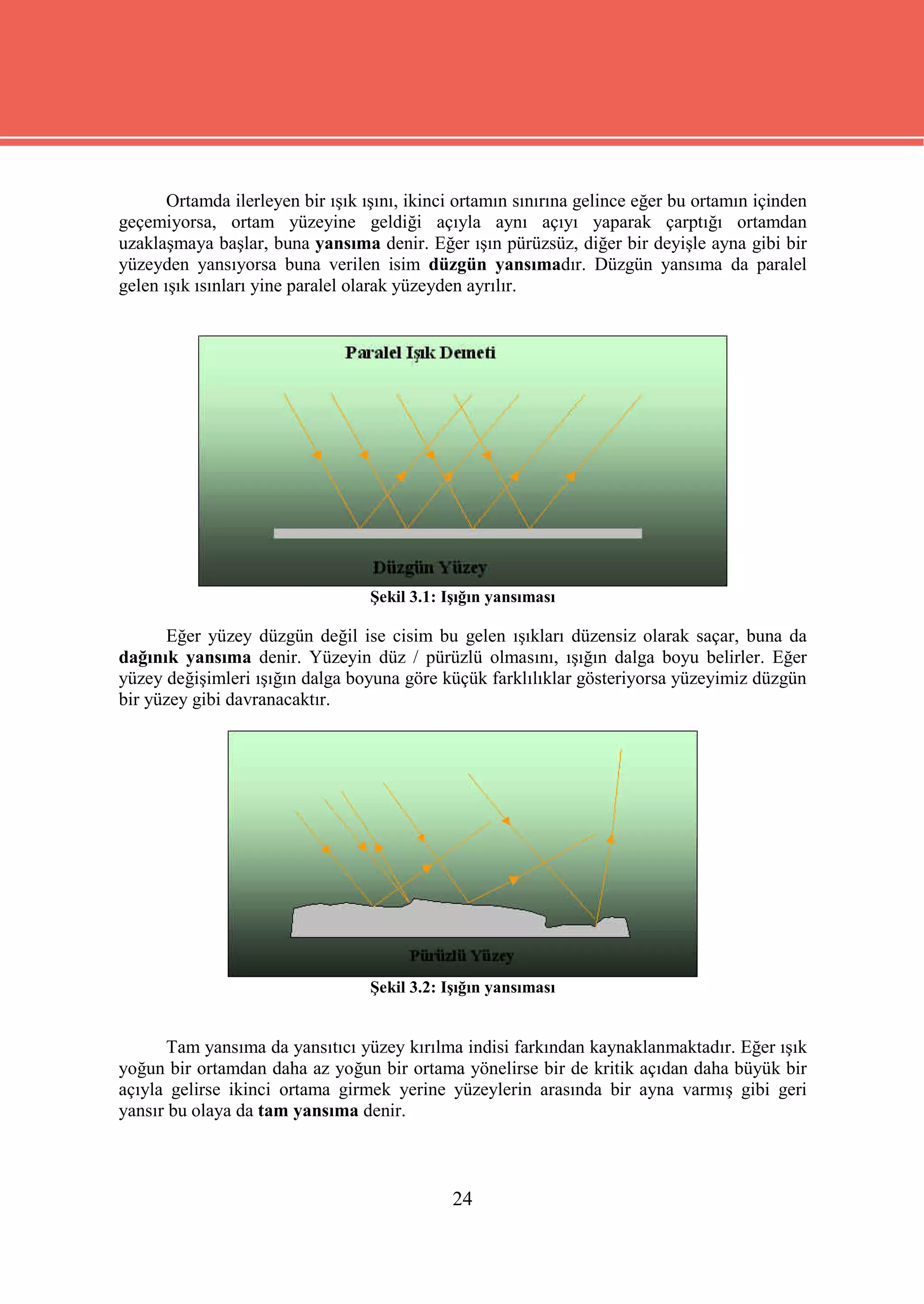Ortamda ilerleyen bir ışık ışını, ikinci ortamın sınırına gelince eğer bu ortamın içinden
geçemiyorsa, ortam yüzeyine geldiği açıyla aynı açıyı yaparak çarptığı ortamdan
uzaklaşmaya başlar, buna yansıma denir. Eğer ışın pürüzsüz, diğer bir deyişle ayna gibi bir
yüzeyden yansıyorsa buna verilen isim düzgün yansımadır. Düzgün yansıma da paralel
gelen ışık ısınları yine paralel olarak yüzeyden ayrılır.




                                   Şekil 3.1: Işığın yansıması

      Eğer yüzey düzgün değil ise cisim bu gelen ışıkları düzensiz olarak saçar, buna da
dağınık yansıma denir. Yüzeyin düz / pürüzlü olmasını, ışığın dalga boyu belirler. Eğer
yüzey değişimleri ışığın dalga boyuna göre küçük farklılıklar gösteriyorsa yüzeyimiz düzgün
bir yüzey gibi davranacaktır.




                                   Şekil 3.2: Işığın yansıması


      Tam yansıma da yansıtıcı yüzey kırılma indisi farkından kaynaklanmaktadır. Eğer ışık
yoğun bir ortamdan daha az yoğun bir ortama yönelirse bir de kritik açıdan daha büyük bir
açıyla gelirse ikinci ortama girmek yerine yüzeylerin arasında bir ayna varmış gibi geri
yansır bu olaya da tam yansıma denir.



                                               24
 
