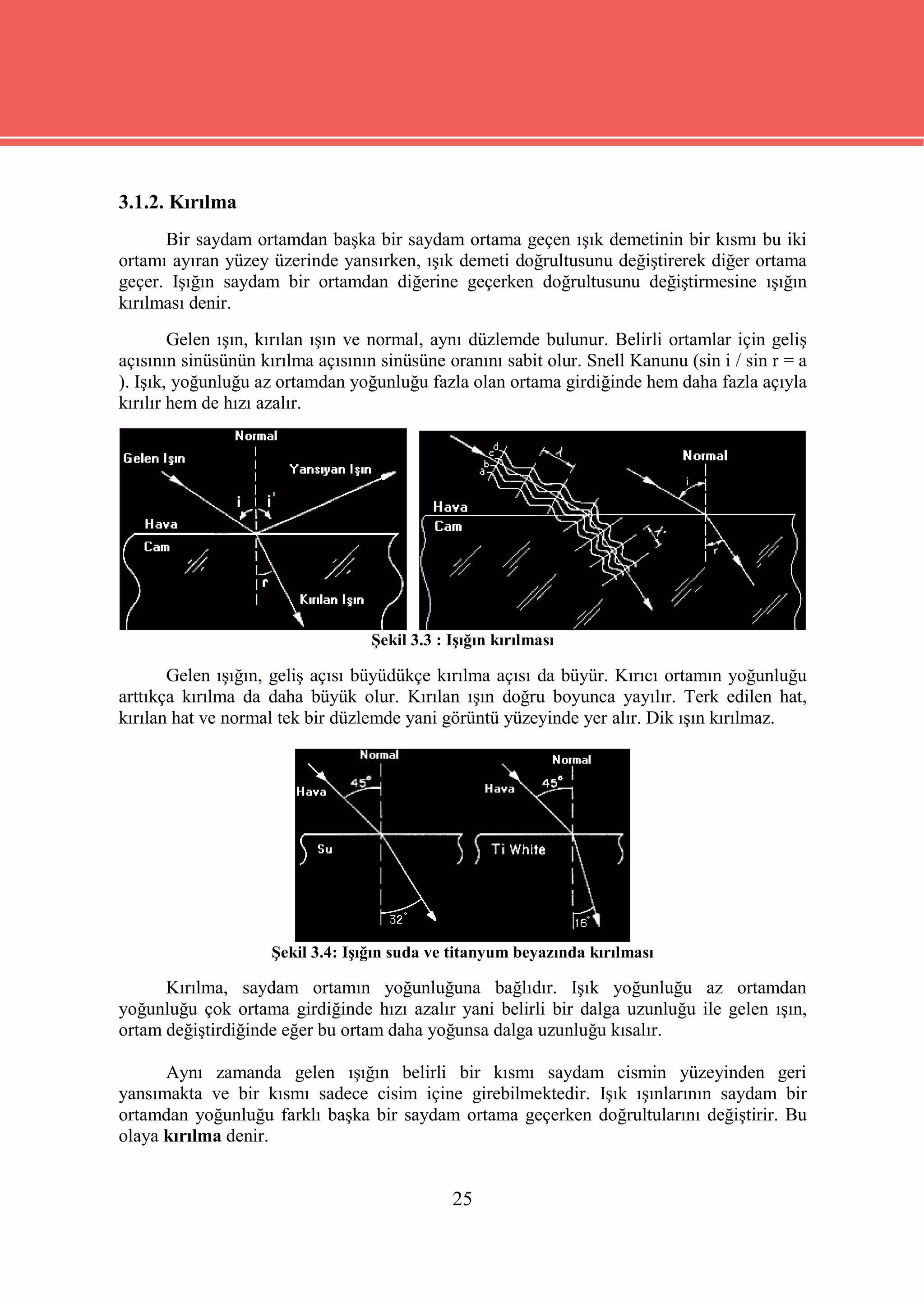 3.1.2. Kırılma
      Bir saydam ortamdan başka bir saydam ortama geçen ışık demetinin bir kısmı bu iki
ortamı ayıran yüzey üzerinde yansırken, ışık demeti doğrultusunu değiştirerek diğer ortama
geçer. Işığın saydam bir ortamdan diğerine geçerken doğrultusunu değiştirmesine ışığın
kırılması denir.
        Gelen ışın, kırılan ışın ve normal, aynı düzlemde bulunur. Belirli ortamlar için geliş
açısının sinüsünün kırılma açısının sinüsüne oranını sabit olur. Snell Kanunu (sin i / sin r = a
). Işık, yoğunluğu az ortamdan yoğunluğu fazla olan ortama girdiğinde hem daha fazla açıyla
kırılır hem de hızı azalır.




                                   Şekil 3.3 : Işığın kırılması

       Gelen ışığın, geliş açısı büyüdükçe kırılma açısı da büyür. Kırıcı ortamın yoğunluğu
arttıkça kırılma da daha büyük olur. Kırılan ışın doğru boyunca yayılır. Terk edilen hat,
kırılan hat ve normal tek bir düzlemde yani görüntü yüzeyinde yer alır. Dik ışın kırılmaz.




                     Şekil 3.4: Işığın suda ve titanyum beyazında kırılması

      Kırılma, saydam ortamın yoğunluğuna bağlıdır. Işık yoğunluğu az ortamdan
yoğunluğu çok ortama girdiğinde hızı azalır yani belirli bir dalga uzunluğu ile gelen ışın,
ortam değiştirdiğinde eğer bu ortam daha yoğunsa dalga uzunluğu kısalır.

      Aynı zamanda gelen ışığın belirli bir kısmı saydam cismin yüzeyinden geri
yansımakta ve bir kısmı sadece cisim içine girebilmektedir. Işık ışınlarının saydam bir
ortamdan yoğunluğu farklı başka bir saydam ortama geçerken doğrultularını değiştirir. Bu
olaya kırılma denir.


                                               25
 