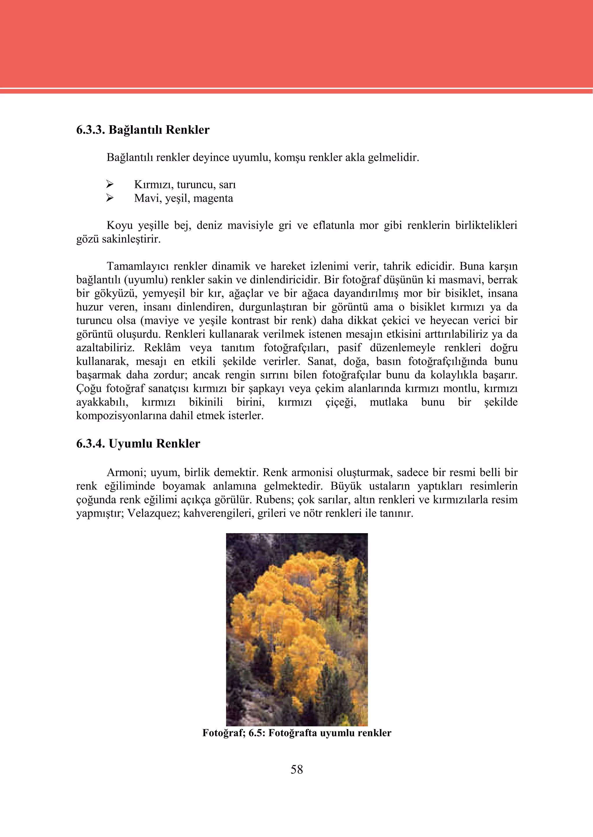 6.3.3. Bağlantılı Renkler

      Bağlantılı renkler deyince uyumlu, komşu renkler akla gelmelidir.

           Kırmızı, turuncu, sarı
           Mavi, yeşil, magenta

      Koyu yeşille bej, deniz mavisiyle gri ve eflatunla mor gibi renklerin birliktelikleri
gözü sakinleştirir.

      Tamamlayıcı renkler dinamik ve hareket izlenimi verir, tahrik edicidir. Buna karşın
bağlantılı (uyumlu) renkler sakin ve dinlendiricidir. Bir fotoğraf düşünün ki masmavi, berrak
bir gökyüzü, yemyeşil bir kır, ağaçlar ve bir ağaca dayandırılmış mor bir bisiklet, insana
huzur veren, insanı dinlendiren, durgunlaştıran bir görüntü ama o bisiklet kırmızı ya da
turuncu olsa (maviye ve yeşile kontrast bir renk) daha dikkat çekici ve heyecan verici bir
görüntü oluşurdu. Renkleri kullanarak verilmek istenen mesajın etkisini arttırılabiliriz ya da
azaltabiliriz. Reklâm veya tanıtım fotoğrafçıları, pasif düzenlemeyle renkleri doğru
kullanarak, mesajı en etkili şekilde verirler. Sanat, doğa, basın fotoğrafçılığında bunu
başarmak daha zordur; ancak rengin sırrını bilen fotoğrafçılar bunu da kolaylıkla başarır.
Çoğu fotoğraf sanatçısı kırmızı bir şapkayı veya çekim alanlarında kırmızı montlu, kırmızı
ayakkabılı, kırmızı bikinili birini, kırmızı çiçeği, mutlaka bunu bir şekilde
kompozisyonlarına dahil etmek isterler.

6.3.4. Uyumlu Renkler

     Armoni; uyum, birlik demektir. Renk armonisi oluşturmak, sadece bir resmi belli bir
renk eğiliminde boyamak anlamına gelmektedir. Büyük ustaların yaptıkları resimlerin
çoğunda renk eğilimi açıkça görülür. Rubens; çok sarılar, altın renkleri ve kırmızılarla resim
yapmıştır; Velazquez; kahverengileri, grileri ve nötr renkleri ile tanınır.




                          Fotoğraf; 6.5: Fotoğrafta uyumlu renkler


                                             58
 