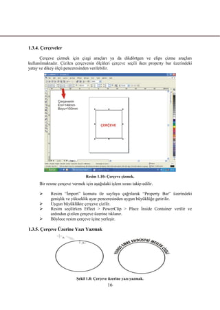 1.3.4. Çerçeveler

      Çerçeve çizmek için çizgi araçları ya da dikdörtgen ve elips çizme araçları
kullanılmaktadır. Çizilen çerçevenin ölçüleri çerçeve seçili iken property bar üzerindeki
yatay ve dikey ölçü penceresinden verilebilir.




                                Resim 1.10: Çerçeve çizmek.
      Bir resme çerçeve vermek için aĢağıdaki iĢlem sırası takip edilir.

           Resim “Ġmport” komutu ile sayfaya çağrılarak “Property Bar” üzerindeki
            geniĢlik ve yükseklik ayar penceresinden uygun büyüklüğe getirilir.
           Uygun büyüklükte çerçeve çizilir.
           Resim seçilirken Effect > PowerClip > Place Ġnside Container verilir ve
            ardından çizilen çerçeve üzerine tıklanır.
           Böylece resim çerçeve içine yerleĢir.

1.3.5. Çerçeve Üzerine Yazı Yazmak




                           ġekil 1.8: Çerçeve üzerine yazı yazmak.
                                             16
 