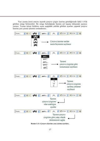 Yazı yazma (text) aracını seçerek çerçeve çizgisi üzerine getirdiğinizde ġekil 1.8’de
görülen simge belirecektir. Bu simge belirdiğinde farenin sol tuĢuna tıklayarak yazınızı
yazınız. Yazma iĢlemi bittikten sonra aĢağıdaki Ģekilde görülen ayarları yaparak çerçeve
üzerine yazı yazma iĢlemini sonlandırınız.




                      Resim 1.11: Çerçeve üzerine yazı yazma ayarları.


                                            17
 