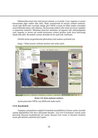 Matbaacılıkta temel olan renk karıĢım yöntemi ve evrenidir. Cyan, magenta ve sarının
karıĢımından diğer renkler elde edilir. Baskı sistemlerinde bu karıĢım yöntemi kullanılır.
Ancak tıpkı RGB renk evreninde olduğu gibi CMYK evrende de bütün renkler sistemdeki
yetersizliklerden dolayı elde edilemez. Bu karıĢımda renkleri elde etmek için boyar maddeler
ve pigmentler kullanılır. Mürekkep üreticileri tarafından saf pigment elde edilemediğinden
cyan, magenta ve sarının eĢit oranda karıĢımının vermesi gereken siyah, koyu kahverengi
olarak elde edilir. Bu nedenle sisteme ekstradan bir de siyah renk katılmıĢtır.

      Görüntü iĢleme programlarında (photoshop) renk modunu ayarlamak için

      Ġmage > Mode komutu verilerek istenilen renk modu seçilir.




                           Resim 1.24: Renk modunun seçilmesi.
      Açılan pencerede CMYK veya RGB renk modu seçilir.

1.5.4. Kaydetmek

      Yaptığınız çalıĢmalarınızı değiĢik formatlarda kaydedebiliriz ÇalıĢma sayfası üzerinde
yapılan değiĢiklikleri File>Save (Dosyadan>Kaydet) veya Ctrl+S komutunu vererek açılan
pencerede dosyanın kaydedileceği yeri seçme, dosyaya isim verme ve dosyanın formatını
seçme gibi iĢlemleri yapılarak kayıt yapılır..



                                            29
 