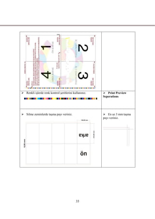  Renkli iĢlerde renk kontrol Ģeritlerini kullanınız.    Print Preview
                                                        Seperations




 Silme zeminlerde taĢma payı veriniz.                   En az 3 mm taĢma
                                                        payı veriniz.




                                            33
 