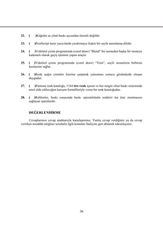 22.   (   )Kâğıdın su yönü baskı açısından önemli değildir.

23.   (   )PostScript lazer yazıcılarda yazdırmaya iliĢkin bir sayfa tanımlama dilidir.

24.   (   )Vektörel çizim programında (corel draw) “Blend” bir nesneden baĢka bir nesneye
      kademeli olarak geçiĢ iĢlemini yapan araçtır.

25.   (  )Vektörel çizim programında (corel draw) “Trim”, seçili nesnelerin birbirini
      kesmesini sağlar.

26.   (   )Renk ıĢığın cisimler üzerine çarparak yansıması sonucu gözümüzde oluĢan
      duygudur.

27.   (   )Pantone renk kataloğu, 1164 tire renk içeren ve her rengin ofset baskı sisteminde
      nasıl elde edileceğini karıĢım formülleriyle veren bir renk kataloğudur.

28.   (   )Rehberler, baskı esnasında baskı operatörünün renkleri üst üste oturtmasını
      sağlayan iĢaretlerdir.


      DEĞERLENDĠRME

      Cevaplarınızı cevap anahtarıyla karĢılaĢtırınız. YanlıĢ cevap verdiğiniz ya da cevap
verirken tereddüt ettiğiniz sorularla ilgili konuları faaliyete geri dönerek tekrarlayınız.




                                             36
 