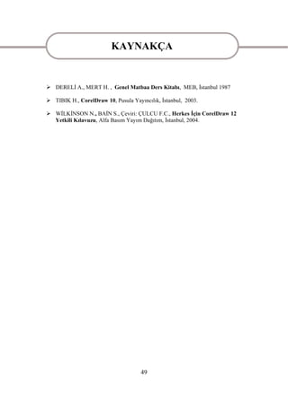KAYNAKÇA
                          KAYNAKÇA
 DERELĠ A., MERT H. , Genel Matbaa Ders Kitabı, MEB, Ġstanbul 1987

 TIBIK H., CorelDraw 10, Pusula Yayıncılık, Ġstanbul, 2003.

 WĠLKĠNSON N., BAĠN S., Çeviri: ÇULCU F.C., Herkes Ġçin CorelDraw 12
  Yetkili Kılavuzu, Alfa Basım Yayım Dağıtım, Ġstanbul, 2004.




                                     49
 