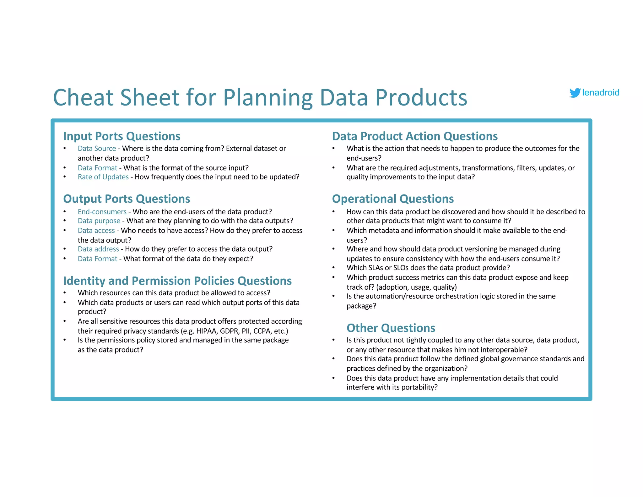 Input Ports Questions
• Data Source - Where is the data coming from? External dataset or
another data product?
• Data Format - What is the format of the source input?
• Rate of Updates - How frequently does the input need to be updated?
Output Ports Questions
• End-consumers - Who are the end-users of the data product?
• Data purpose - What are they planning to do with the data outputs?
• Data access - Who needs to have access? How do they prefer to access
the data output?
• Data address - How do they prefer to access the data output?
• Data Format - What format of the data do they expect?
Identity and Permission Policies Questions
• Which resources can this data product be allowed to access?
• Which data products or users can read which output ports of this data
product?
• Are all sensitive resources this data product offers protected according
their required privacy standards (e.g. HIPAA, GDPR, PII, CCPA, etc.)
• Is the permissions policy stored and managed in the same package
as the data product?
Data Product Action Questions
• What is the action that needs to happen to produce the outcomes for the
end-users?
• What are the required adjustments, transformations, filters, updates, or
quality improvements to the input data?
Operational Questions
• How can this data product be discovered and how should it be described to
other data products that might want to consume it?
• Which metadata and information should it make available to the end-
users?
• Where and how should data product versioning be managed during
updates to ensure consistency with how the end-users consume it?
• Which SLAs or SLOs does the data product provide?
• Which product success metrics can this data product expose and keep
track of? (adoption, usage, quality)
• Is the automation/resource orchestration logic stored in the same
package?
Other Questions
• Is this product not tightly coupled to any other data source, data product,
or any other resource that makes him not interoperable?
• Does this data product follow the defined global governance standards and
practices defined by the organization?
• Does this data product have any implementation details that could
interfere with its portability?
Cheat Sheet for Planning Data Products lenadroid
 