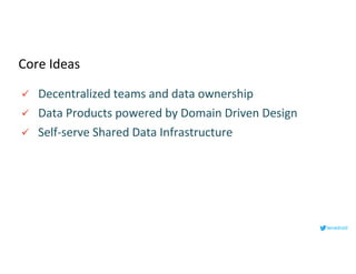 Core Ideas
ü Decentralized teams and data ownership
ü Data Products powered by Domain Driven Design
ü Self-serve Shared Data Infrastructure
lenadroid
 