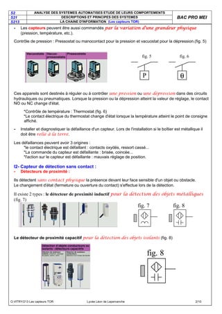 S2 ANALYSE DES SYSTEMES AUTOMATISES ETUDE DE LEURS COMPORTEMENTS
S21 DESCRIPTIONS ET PRINCIPES DES SYSTEMES
S213 LA CHAINE D'INFORMATION (Les capteurs TOR)
BAC PRO MEI
O.VITRY/213 Les capteurs TOR Lycée Léon de Lepervanche 2/10
- Les capteurs peuvent être aussi commandés par la variation d'une grandeur physique
par la variation d'une grandeur physique
par la variation d'une grandeur physique
par la variation d'une grandeur physique
(pression, température, etc.).
Contrôle de pression : Pressostat ou manocontact pour la pression et vacuostat pour la dépression.(fig. 5)
fig. 5 fig. 6
P θ
Ces appareils sont destinés à réguler ou à contrôler une pression ou une dépression dans des circuits
hydrauliques ou pneumatiques. Lorsque la pression ou la dépression atteint la valeur de réglage, le contact
NO ou NC change d'état.
*Contrôle de température : Thermostat (fig. 6)
*Le contact électrique du thermostat change d'état lorsque la température atteint le point de consigne
affiché.
- Installer et diagnostiquer la défaillance d'un capteur. Lors de l'installation si le boîtier est métallique il
doit être relié à la terre.
Les défaillances peuvent avoir 3 origines :
*le contact électrique est défaillant : contacts oxydés, ressort cassé...
*La commande du capteur est défaillante : brisée, coincée...
*l'action sur le capteur est défaillante : mauvais réglage de position.
I2- Capteur de détection sans contact :
- Détecteurs de proximité :
Ils détectent sans contact physique la présence devant leur face sensible d'un objet ou obstacle.
Le changement d'état (fermeture ou ouverture du contact) s'effectue lors de la détection.
Il existe 2 types : le détecteur de proximité inductif pour la détection des objets métalliques
(fig. 7)
fig. 7 fig. 8
Le détecteur de proximité capacitif pour la détection des objets isolants (fig. 8)
fig. 8
 
