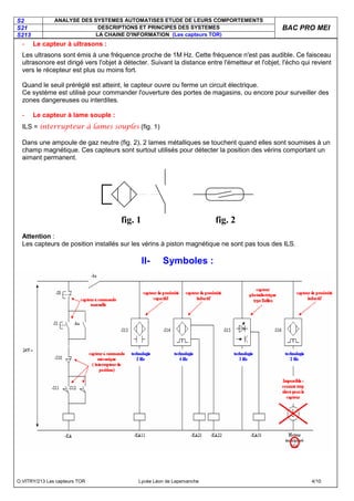 S2 ANALYSE DES SYSTEMES AUTOMATISES ETUDE DE LEURS COMPORTEMENTS
S21 DESCRIPTIONS ET PRINCIPES DES SYSTEMES
S213 LA CHAINE D'INFORMATION (Les capteurs TOR)
BAC PRO MEI
O.VITRY/213 Les capteurs TOR Lycée Léon de Lepervanche 4/10
- Le capteur à ultrasons :
Les ultrasons sont émis à une fréquence proche de 1M Hz. Cette fréquence n'est pas audible. Ce faisceau
ultrasonore est dirigé vers l'objet à détecter. Suivant la distance entre l'émetteur et l'objet, l'écho qui revient
vers le récepteur est plus ou moins fort.
Quand le seuil préréglé est atteint, le capteur ouvre ou ferme un circuit électrique.
Ce système est utilisé pour commander l'ouverture des portes de magasins, ou encore pour surveiller des
zones dangereuses ou interdites.
- Le capteur à lame souple :
ILS = interrupteur à lames souples (fig. 1)
Dans une ampoule de gaz neutre (fig. 2), 2 lames métalliques se touchent quand elles sont soumises à un
champ magnétique. Ces capteurs sont surtout utilisés pour détecter la position des vérins comportant un
aimant permanent.
fig. 1 fig. 2
Attention :
Les capteurs de position installés sur les vérins à piston magnétique ne sont pas tous des ILS.
II- Symboles :
 