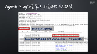 $ctx.login(userId);
$ctx.profile(“### It’s user defined …” + userId);
Agent Plugin을 통한 사용자ID 프로파일
 