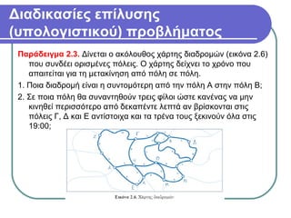 Διαδικασίες επίλυσης
(υπολογιστικού) προβλήματος
Παράδειγμα 2.3. Δίνεται ο ακόλουθος χάρτης διαδρομών (εικόνα 2.6)
που συνδέει ορισμένες πόλεις. Ο χάρτης δείχνει το χρόνο που
απαιτείται για τη μετακίνηση από πόλη σε πόλη.
1. Ποια διαδρομή είναι η συντομότερη από την πόλη Α στην πόλη Β;
2. Σε ποια πόλη θα συναντηθούν τρεις φίλοι ώστε κανένας να μην
κινηθεί περισσότερο από δεκαπέντε λεπτά αν βρίσκονται στις
πόλεις Γ, Δ και Ε αντίστοιχα και τα τρένα τους ξεκινούν όλα στις
19:00;
 