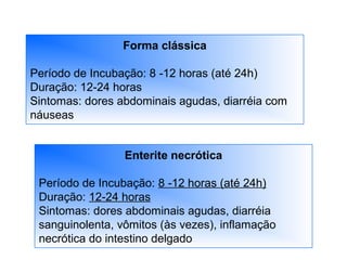 Forma clássica
Período de Incubação: 8 -12 horas (até 24h)
Duração: 12-24 horas
Sintomas: dores abdominais agudas, diarréia com
náuseas
Enterite necrótica
Período de Incubação: 8 -12 horas (até 24h)
Duração: 12-24 horas
Sintomas: dores abdominais agudas, diarréia
sanguinolenta, vômitos (às vezes), inflamação
necrótica do intestino delgado
 