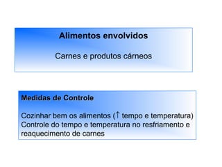 Alimentos envolvidos
Carnes e produtos cárneos
Medidas de ControleMedidas de Controle
Cozinhar bem os alimentos (↑ tempo e temperatura)
Controle do tempo e temperatura no resfriamento e
reaquecimento de carnes
 