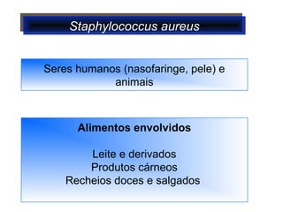 Staphylococcus aureusStaphylococcus aureus
Alimentos envolvidos
Leite e derivados
Produtos cárneos
Recheios doces e salgados
Seres humanos (nasofaringe, pele) e
animais
 