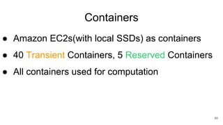 Containers
● Amazon EC2s(with local SSDs) as containers
● 40 Transient Containers, 5 Reserved Containers
● All containers used for computation
89
 