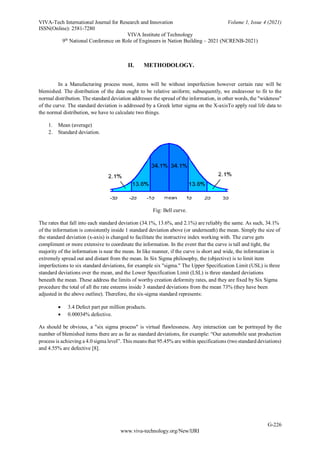 VIVA-Tech International Journal for Research and Innovation Volume 1, Issue 4 (2021)
ISSN(Online): 2581-7280
VIVA Institute of Technology
9th
National Conference on Role of Engineers in Nation Building – 2021 (NCRENB-2021)
G-226
www.viva-technology.org/New/IJRI
II. METHODOLOGY.
In a Manufacturing process most, items will be without imperfection however certain rate will be
blemished. The distribution of the data ought to be relative uniform; subsequently, we endeavour to fit to the
normal distribution. The standard deviation addresses the spread of the information, in other words, the "wideness"
of the curve. The standard deviation is addressed by a Greek letter sigma on the X-axisTo apply real life data to
the normal distribution, we have to calculate two things.
1. Mean (average)
2. Standard deviation.
Fig: Bell curve.
The rates that fall into each standard deviation (34.1%, 13.6%, and 2.1%) are reliably the same. As such, 34.1%
of the information is consistently inside 1 standard deviation above (or underneath) the mean. Simply the size of
the standard deviation (x-axis) is changed to facilitate the instructive index working with. The curve gets
compliment or more extensive to coordinate the information. In the event that the curve is tall and tight, the
majority of the information is near the mean. In like manner, if the curve is short and wide, the information is
extremely spread out and distant from the mean. In Six Sigma philosophy, the (objective) is to limit item
imperfections to six standard deviations, for example six "sigma." The Upper Specification Limit (USL) is three
standard deviations over the mean, and the Lower Specification Limit (LSL) is three standard deviations
beneath the mean. These address the limits of worthy creation deformity rates, and they are fixed by Six Sigma
procedure the total of all the rate esteems inside 3 standard deviations from the mean 73% (they have been
adjusted in the above outline). Therefore, the six-sigma standard represents:
 3.4 Defect part per million products.
 0.00034% defective.
As should be obvious, a "six sigma process" is virtual flawlessness. Any interaction can be portrayed by the
number of blemished items there are as far as standard deviations, for example: “Our automobile seat production
process is achieving a 4.0 sigma level”. This means that 95.45% are within specifications (two standard deviations)
and 4.55% are defective [8].
 