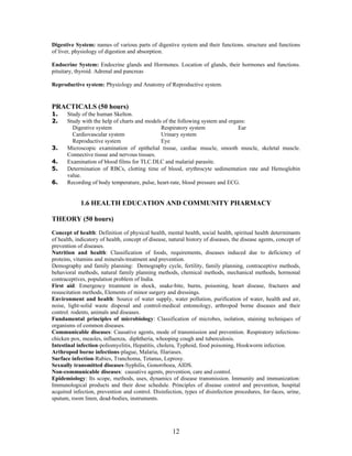 12
Digestive System: names of various parts of digestive system and their functions. structure and functions
of liver, physiology of digestion and absorption.
Endocrine System: Endocrine glands and Hormones. Location of glands, their hormones and functions.
pituitary, thyroid. Adrenal and pancreas
Reproductive system: Physiology and Anatomy of Reproductive system.
PRACTICALS (50 hours)
1. Study of the human Skelton.
2. Study with the help of charts and models of the following system and organs:
Digestive system Respiratory system Ear
Cardiovascular system Urinary system
Reproductive system Eye
3. Microscopic examination of epithelial tissue, cardiac muscle, smooth muscle, skeletal muscle.
Connective tissue and nervous tissues.
4. Examination of blood films for TLC.DLC and malarial parasite.
5. Determination of RBCs, clotting time of blood, erythrocyte sedimentation rate and Hemoglobin
value.
6. Recording of body temperature, pulse, heart-rate, blood pressure and ECG.
1.6 HEALTH EDUCATION AND COMMUNITY PHARMACY
THEORY (50 hours)
Concept of health: Definition of physical health, mental health, social health, spiritual health determinants
of health, indicatory of health, concept of disease, natural history of diseases, the disease agents, concept of
prevention of diseases.
Nutrition and health: Classification of foods, requirements, diseases induced due to deficiency of
proteins, vitamins and minerals-treatment and prevention.
Demography and family planning: Demography cycle, fertility, family planning, contraceptive methods,
behavioral methods, natural family planning methods, chemical methods, mechanical methods, hormonal
contraceptives, population problem of India.
First aid: Emergency treatment in shock, snake-bite, burns, poisoning, heart disease, fractures and
resuscitation methods, Elements of minor surgery and dressings.
Environment and health: Source of water supply, water pollution, purification of water, health and air,
noise, light-solid waste disposal and control-medical entomology, arthropod borne diseases and their
control. rodents, animals and diseases.
Fundamental principles of microbiology: Classification of microbes, isolation, staining techniques of
organisms of common diseases.
Communicable diseases: Causative agents, mode of transmission and prevention. Respiratory infections-
chicken pox, measles, influenza, diphtheria, whooping cough and tuberculosis.
Intestinal infection-poliomyelitis, Hepatitis, cholera, Typhoid, food poisoning, Hookworm infection.
Arthropod borne infections-plague, Malaria, filariases.
Surface infection-Rabies, Tranchoma, Tetanus, Leprosy.
Sexually transmitted diseases-Syphilis, Gonorrhoea, AIDS.
Non-communicable diseases: causative agents, prevention, care and control.
Epidemiology: Its scope, methods, uses, dynamics of disease transmission. Immunity and immunization:
Immunological products and their dose schedule. Principles of disease control and prevention, hospital
acquired infection, prevention and control. Disinfection, types of disinfection procedures, for-faces, urine,
sputum, room linen, dead-bodies, instruments.
 