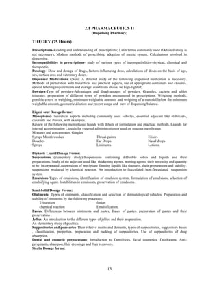 13
2.1 PHARMACEUTICS II
(Dispensing Pharmacy)
THEORY (75 Hours)
Prescriptions-Reading and understanding of prescriptions; Latin terms commonly used (Detailed study is
not necessary), Modern methods of prescribing, adoption of metric system. Calculations involved in
dispensing.
Incompatibilities in prescriptions- study of various types of incompatibilities-physical, chemical and
therapeutic.
Posology- Dose and dosage of drugs, factors influencing dose, calculations of doses on the basis of age,
sex, surface area and veterinary doses.
Dispensed Medications: (Note: A detailed study of the following dispensed medication is necessary.
Methods of preparation with theoretical and practical aspects, use of appropriate containers and closures.
special labeling requirements and storage conditions should be high-lighted).
Powders-Type of powders-Advantages and disadvantages of powders, Granules, cachets and tablet
triturates. preparation of different types of powders encountered in prescriptions. Weighing methods,
possible errors in weighing, minimum weighable amounts and weighing of a material below the minimum
weighable amount, geometric dilution and proper usage and care of dispensing balance.
Liquid oral Dosage forms:
Monophasic-Theoretical aspects including commonly used vehicles, essential adjuvant like stabilizers,
colorants and flavors, with examples.
Review of the following monophasic liquids with details of formulation and practical methods. Liquids for
internal administration Liquids for external administration or used on mucous membranes
Mixtures and concentrates, Gargles
Syrups Mouth washes Throat-paints Elixirs
Douches Ear Drops Nasal drops
Sprays Liniments Lotions.
Biphasic Liquid Dosage Forms:
Suspensions (elementary study)-Suspensions containing diffusible solids and liquids and their
preparations. Study of the adjuvant used like thickening agents, wetting agents, their necessity and quantity
to be incorporated ,suspensions of precipitate forming liquids like tinctures, their preparations and stability.
suspensions produced by chemical reaction. An introduction to flocculated /non-flocculated suspension
system.
Emulsions-Types of emulsions, identification of emulsion system, formulation of emulsions, selection of
emulsifying agent. Instabilities in emulsions, preservation of emulsions.
Semi-Solid Dosage Forms:
Ointments: Types of ointments, classification and selection of dermatological vehicles. Preparation and
stability of ointments by the following processes:
Trituration fusion
chemical reaction Emulsification.
Pastes: Differences between ointments and pastes, Bases of pastes. preparation of pastes and their
preservation .
Jellies: An introduction to the different types of jellies and their preparation.
An elementary study of poultice.
Suppositories and peassaries-Their relative merits and demerits, types of suppositories, suppository bases
, classification, properties. preparation and packing of suppositories. Use of suppositories of drug
absorption.
Dental and cosmetic preparations: Introduction to Dentifrices, facial cosmetics, Deodorants. Anti-
perspirants, shampoo, Hair dressings and Hair removers.
Sterile Dosage forms:
 