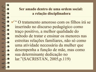 “ O tratamento amoroso com os filhos irá se inserindo no discurso pedagógico como traço positivo, a melhor qualidade do método de tratar e ensinar os menores nas estreitas relações familiares, não só como uma atividade necessária da mulher que desempenha a função de mãe, mas como sua determinante dedicação no lar.”(SACRISTÁN, 2005,p.119)  Ser amado dentro de uma ordem social:  a relação disciplinadora 