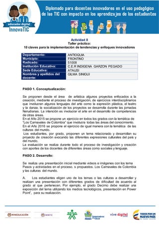 Actividad 8
Taller práctico:
10 claves para la implementación de tendencias y enfoques innovadores
Departamento: ANTIOQUIA
Municipio: FRONTINO
Radicado: 51008
Institución Educativa: C.E.R INDIGENA GARZON PEGADO
Sede Educativa: ATAUSI
Nombres y apellidos del
docente:
GILMA SINIGUI
PASO 1. Conceptualización:
Se proponen desde el área de artística algunos proyectos enfocados a la
creación, mediante el proceso de investigación, de ejercicios interdisciplinarios
que involucran algunos lenguajes del arte como la expresión plástica, el teatro
y la danza; la socialización de los proyectos se desarrolla durante las jornadas
Nerudianas. La intención es involucrar el arte en el desarrollo de competencias
de otras áreas.
En el Año 2015 se propone un ejercicio en todos los grados con la temática de
“Los Carnavales de Colombia” que involucra todas las áreas del conocimiento.
En el Año 2016 se propone el ejercicio de igual manera con la temática de las
culturas del mundo.
Los estudiantes, por grado, proponen un tema relacionado y desarrollan su
proyecto de creación evocando las diferentes expresiones culturales del país y
del mundo.
La evaluación se realiza durante todo el proceso de investigación y creación
con aportes de los docentes de diferentes áreas como sociales y lenguaje.
PASO 2. Desarrollo:
Se realiza una presentación inicial mediante videos e imágenes con los tema
Pasos y actividades en el proceso. s propuestos. Los Carnavales de Colombia
y las culturas del mundo.
A. Los estudiantes eligen uno de los temas o las culturas a desarrollar y
realizan una presentación con diferentes grados de dificultad de acuerdo al
grado al que pertenecen. Por ejemplo, el grado Decimo debe realizar una
exposición del tema utilizando los medios tecnológicos, presentación en Power
Point”, para su realización.
 