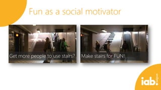 FU AS A
Fun as a social motivator
SOCIAL
MOTIVATOR

Get more people to use stairs?

Make stairs for FUN!

 