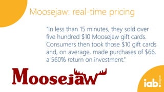 Moosejaw: real-time pricing
“In less than 15 minutes, they sold over
five hundred $10 Moosejaw gift cards.
Consumers then took those $10 gift cards
and, on average, made purchases of $66,
a 560% return on investment.”

 