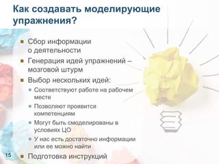 Сбор информации
о деятельности
Генерация идей упражнений –
мозговой штурм
Выбор нескольких идей:
Соответствуют работе на рабочем
месте
Позволяют проявится
компетенциям
Могут быть смоделированы в
условиях ЦО
У нас есть достаточно информации
или ее можно найти
Подготовка инструкций15
Как создавать моделирующие
упражнения?
 