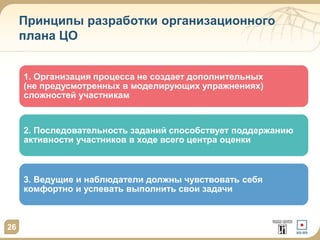 Принципы разработки организационного
плана ЦО
1. Организация процесса не создает дополнительных
(не предусмотренных в моделирующих упражнениях)
сложностей участникам
2. Последовательность заданий способствует поддержанию
активности участников в ходе всего центра оценки
3. Ведущие и наблюдатели должны чувствовать себя
комфортно и успевать выполнить свои задачи
26
 