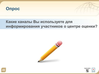 Опрос
45
Какие каналы Вы используете для
информирования участников о центре оценки?
 